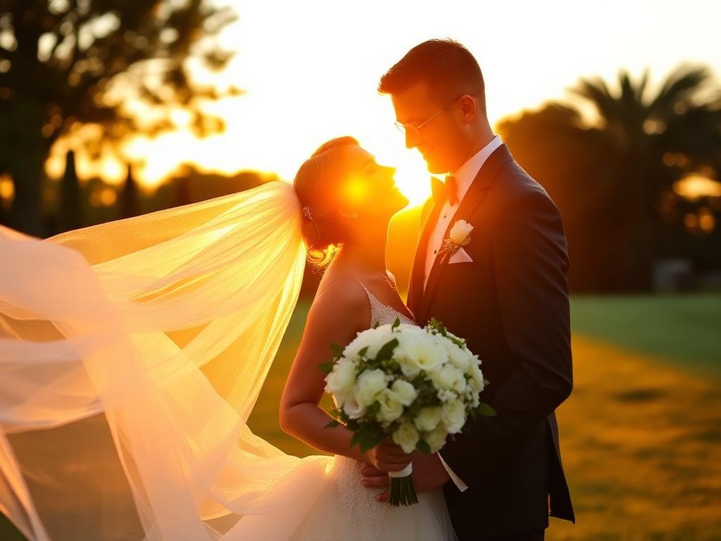 Romantic wedding photography at golden hour