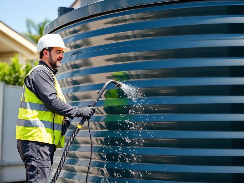 Technician cleaning a large water storage tank