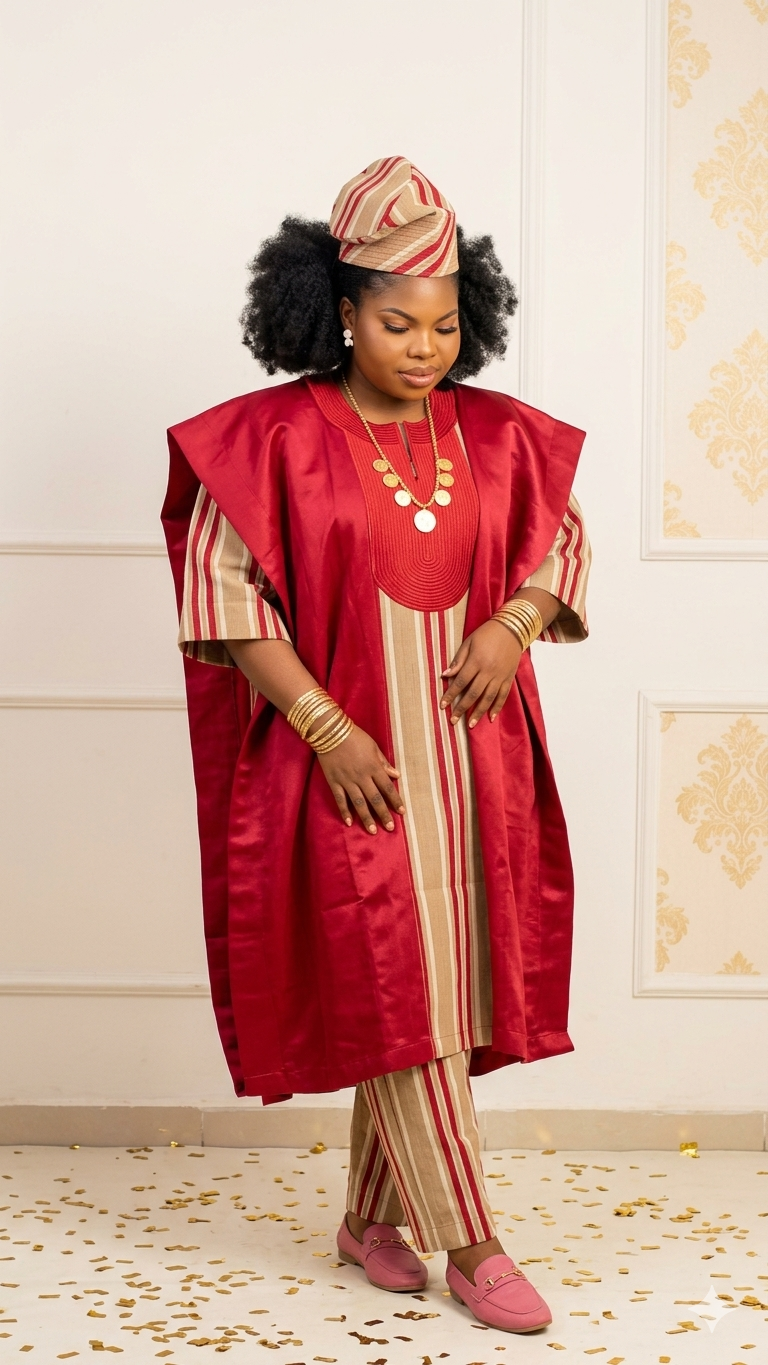 Woman in a red and gold aso-oke agbada outfit with matching cap, styled studio fashion portrait