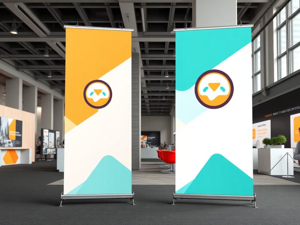 Two branded roll-up banners displayed in an exhibition hall