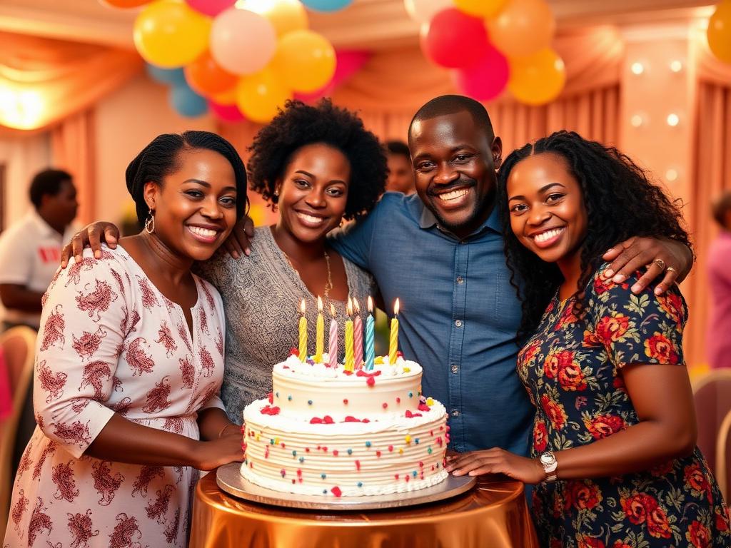 Family celebrating a birthday around a decorated cake