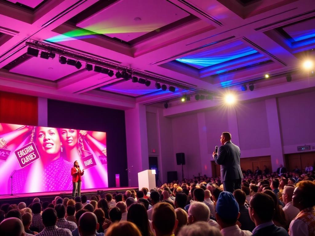 Speaker on stage addressing a large conference audience