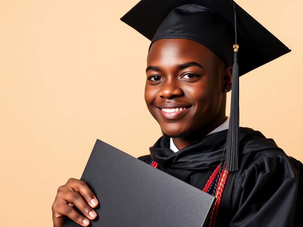 Graduate in cap and gown holding a diploma in a warm studio setting