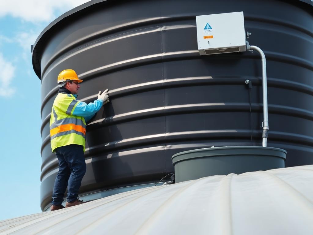 Technician in protective gear inspecting a rooftop water storage tank