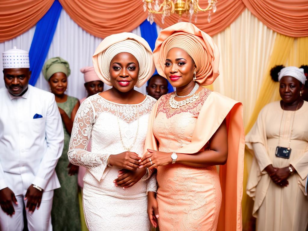 Couple in aso-ebi lace and gele at a traditional wedding ceremony
